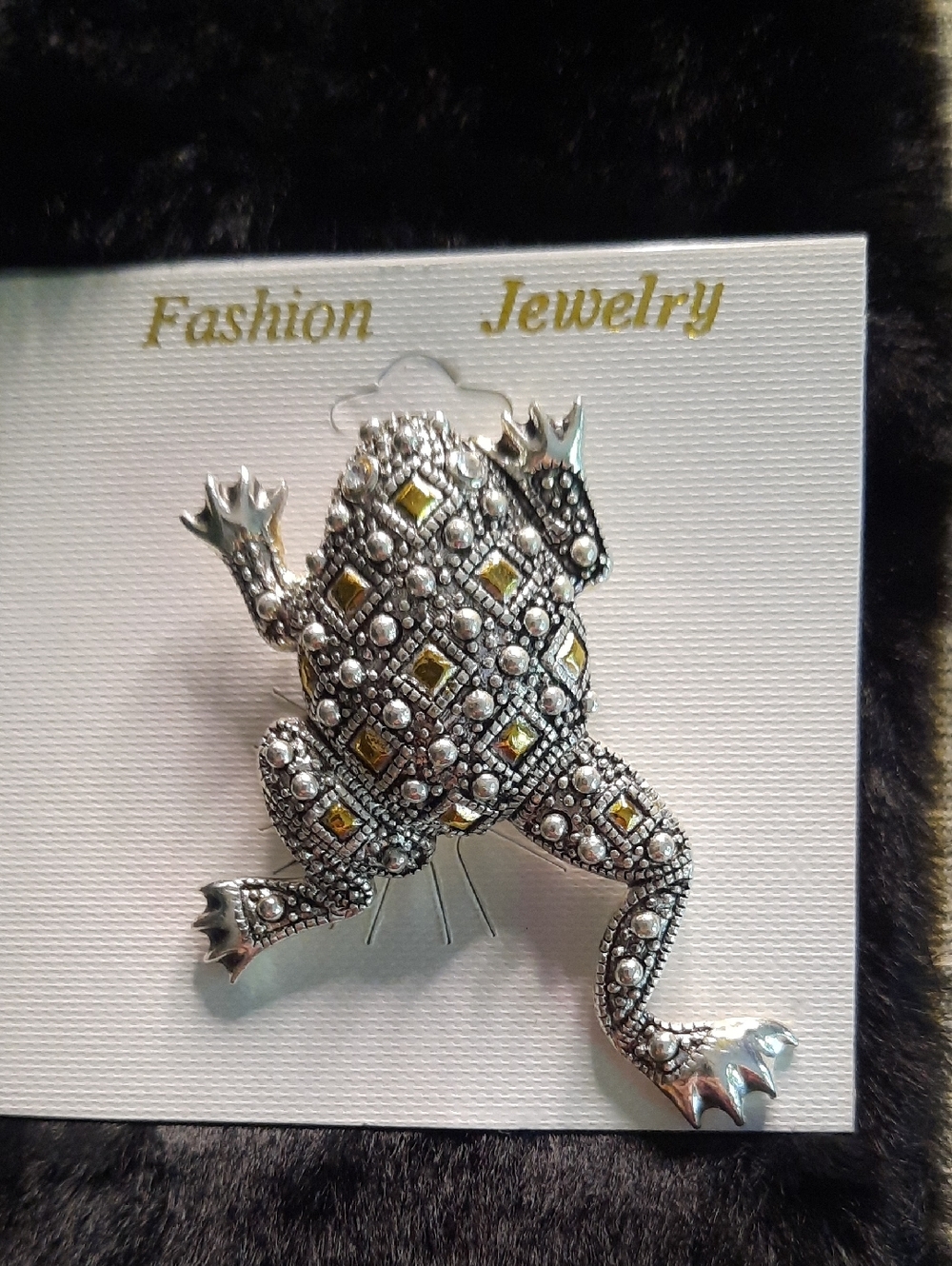 Fashion Jewelry Silver-Tone Frog Brooch with Yellow Accents